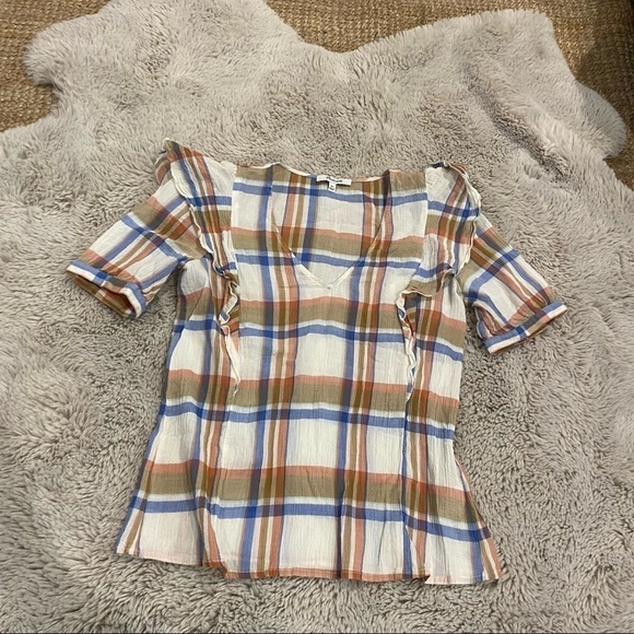 Madewell V-Neck Shoulder-Ruffle Top in Plaid womens XS - Picture 6 of 11